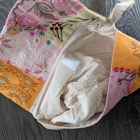 Boho Patchwork Embroidered Fabric Clutch Sequins Orange Pink Cream - Picture 4 of 6